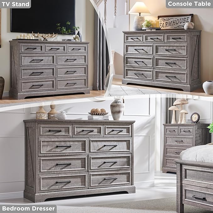 ACCOHOHO Farmhouse 9 Drawer Dresser for Bedroom, 36 Inch Tall Modern Dresser TV Stand with Large Drawers & Bar Handles, Rustic Wood Chest of Drawers for Bedroom, Living Room, Hallway, Grey