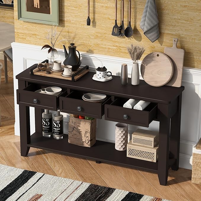 Farmhouse Modern Console Table 55.4-Inch Entryway Sofa Table with Drawers & Storage Shelf for Living Room Hallway Entrance, Dark Coffee