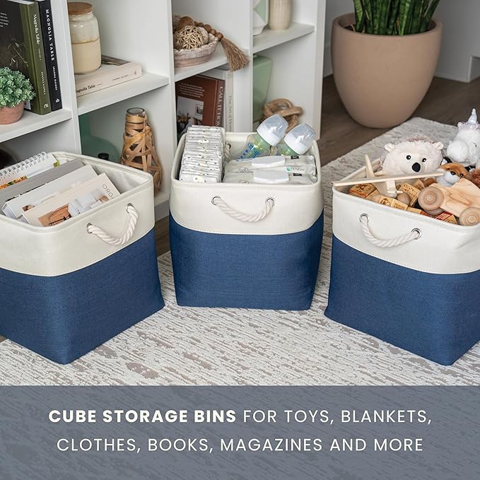 OrganiHaus 13x13 Cube Storage Bins 4 Pack, Foldable Cube Storage Organizer w/ Rope Handles, Collapsible Fabric Bins for Toys, Clothes & Closet Organization, Fabric Square Baskets - Navy Blue