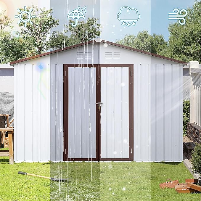 Sheds & Outdoor Storage 12 ft × 10 ft Storage Shed Large Classic Apex Roof Metal Garden Storage Sheds with Hinged Door Tool Cabinet for Backyard, Patio, Poolside, White + Coffee