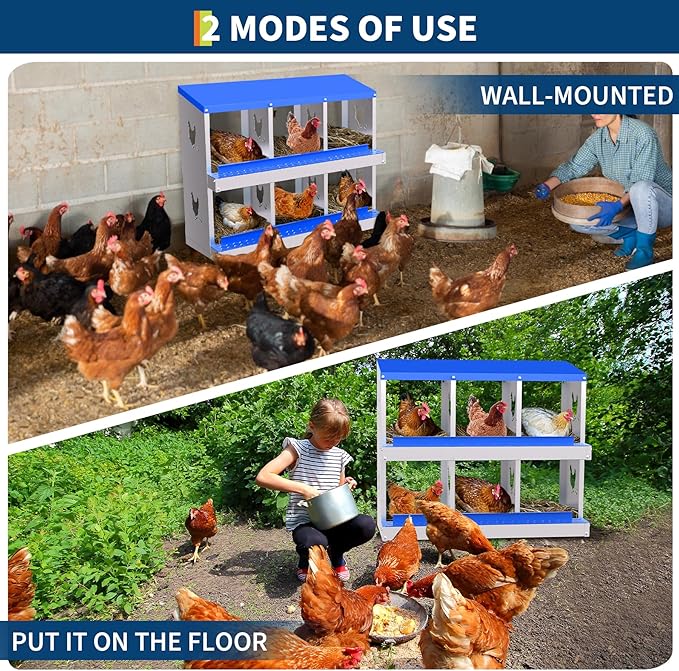 Chicken Nesting Boxes, 6-Hole Roll Away Nest Box for Chicken Coop, Metal Egg Laying Box with Perch & Lid Cover to Protect Eggs, Rollout Egg Collection, Vented Holes Blue