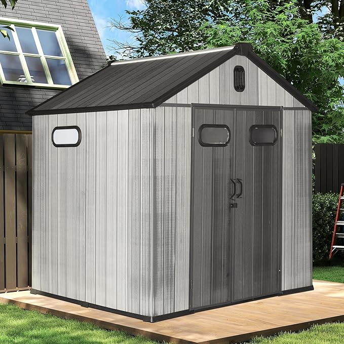 Domi 8x8FT Resin Outdoor Storage Shed with Lockable Door, Waterproof Outside Sheds with Windows & Vents, Heavy-Duty Plastic Tool Storage Shed for Patio Furniture, Lawn Mower, Bike