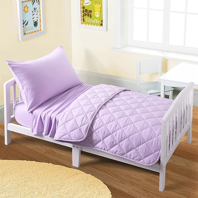 FLXXIE 4 Pieces Toddler Bedding Set, Soft and Breathable Microfiber Crib Sheet Set, Includes Quilted Comforter, Flat Top Sheet, Fitted Sheet, Envelope Pillow Case for Boys and Girls, Light Purple