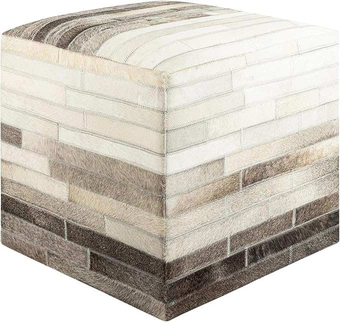 Mark&Day Pouf Ottoman, Grobrubbach Hide Leather and Fur Cream Cube Pouf Foot Rest for Living Room, Bedroom and Boho Home Decor (18"x18"x18")