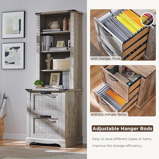RedLemon Bookcase with 2 File Drawers, 72" Tall Farmhouse Bookshelf with Storage and Adjustable Shelves, 4 Tier Rustic Wood Bookshelf with Cabinet for Home Office, Living Room (Light Rustic Oak)