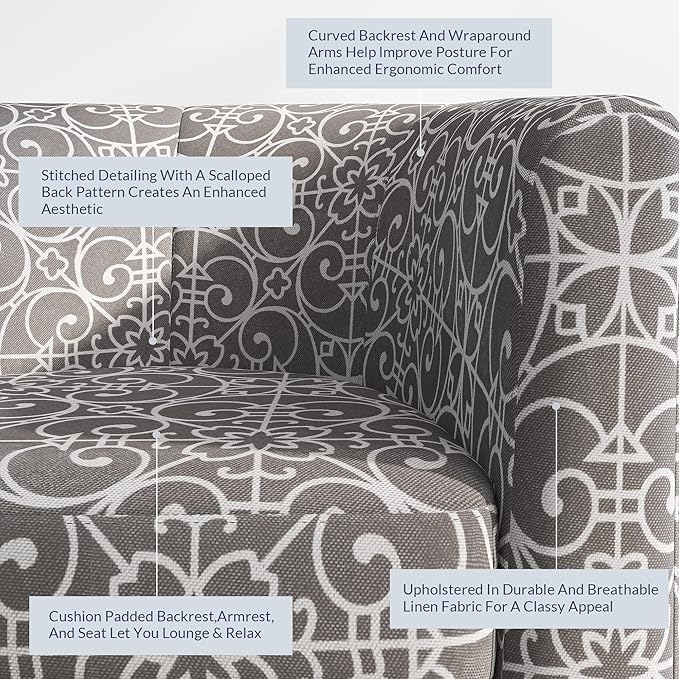 BELLEZE Accent Barrel Chair, Linen Round Chair Club Tub Sofa Corner Chair with Flared Legs and Cozy Soft Padding for Living Room Bedroom Waiting Room - White & Gray