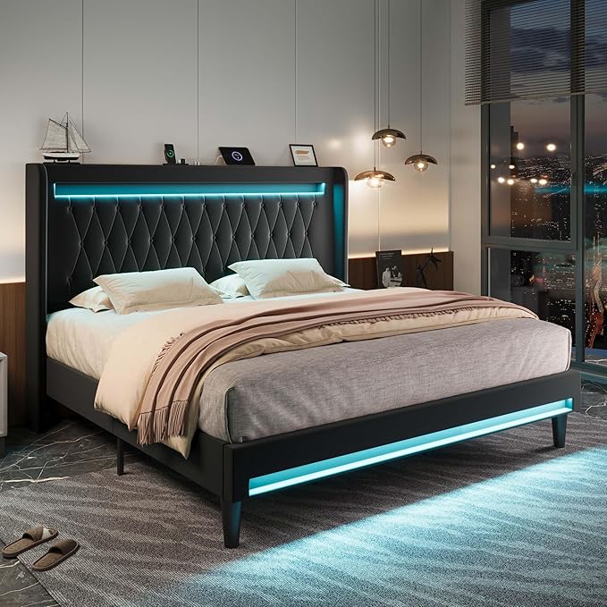 Allewie Upholstered King Size Platform Bed Frame with LED Light and Charging Station, Button Tufted High Headboard, Wingback Design, Noise Free, Easy Assembly, No Box Spring Needed, Black