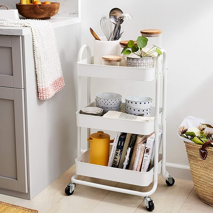 Amazon Basics 3-Tier Rolling Utility or Kitchen Cart, Lockable Wheels, Multifunctional Storage, White