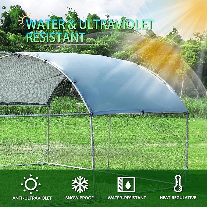 Large Metal Chicken Coop Round Top Upgrade Tri-Supporting Wire Mesh Chicken Run,Chicken Pen with Water-Resident and Anti-UV Cover,Duck Rabbit House Outdoor (31.2'L x 9'W x 6.5'H)