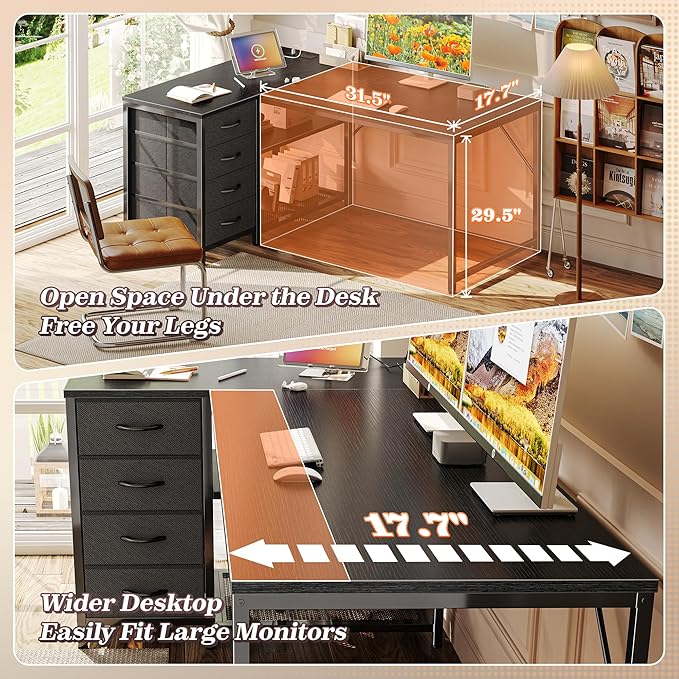 PRAISUN 43.3" Small Computer Desk with Power Outlets and USB-C Port, Reversible L Shaped Corner Office Desk with 4 Fabric Drawers and 2 Height-Adjustable Shelves, for Gaming Writing, Black