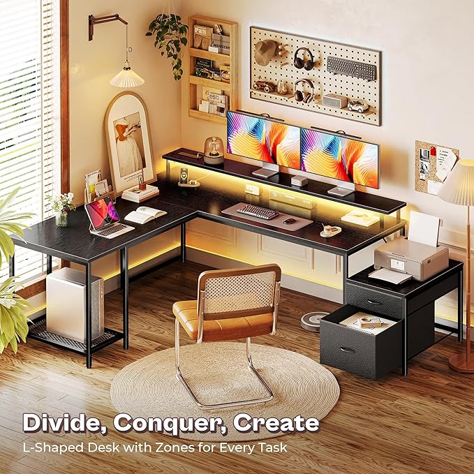 PRAISUN 66 Inch L Shaped Computer Desk with Power Outlets and LED Lights, Home Office Desk with Fabric Drawers and Print Stand, L Shape or Long Set up, Monitor Stand, Mesh CPU Stand, Black