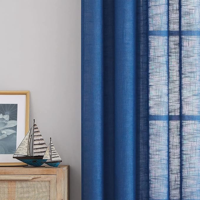 FMFUNCTEX Linen Semi Sheer Curtains 84 Inches Long for Bedroom, Navy Blue Pinch Pleated Curtains for Living Room, Light Filtering Farmhouse Window Drapes Rod Pocket Back Tab 2 Panels Set