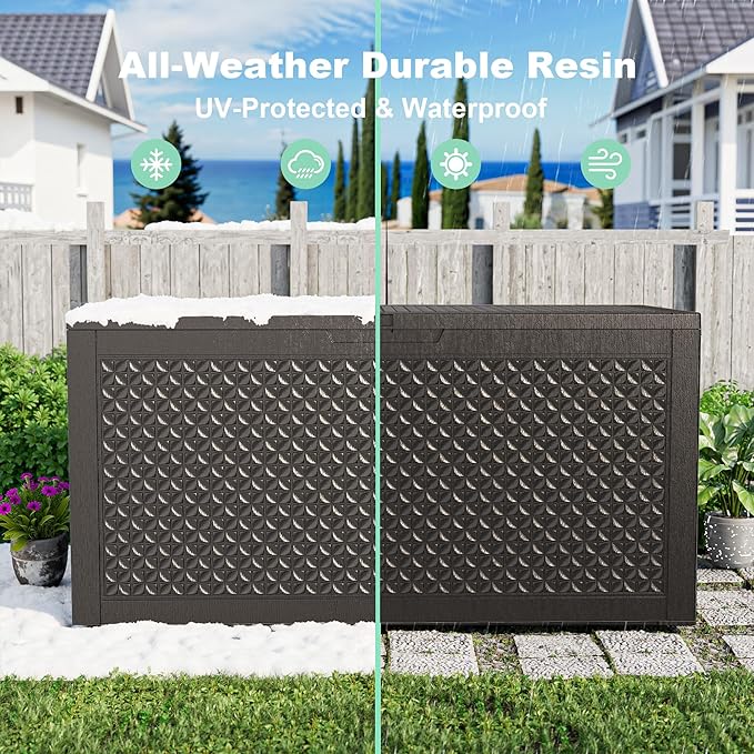 New 100 GallonOutdoor Storage Box,Resin Deck Boxes Waterproof, IndoorOutdoor Bin for Package Delivery, Patio Cushions, Gardening Tools, Lockable, UV Resistant