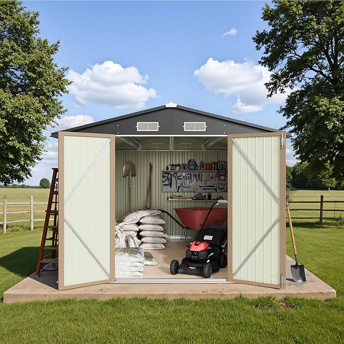 Greesum 8x10FT Outdoor Storage Shed, Metal Storaged Sheds with Lockable Doors, Sheds & Outdoor Storage for Bike, Backyard, Pool and Garden, Brown