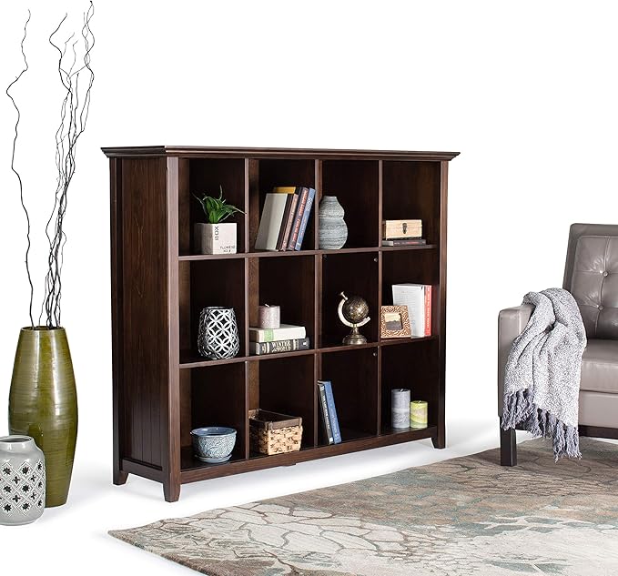 SIMPLIHOME Acadian Bookcase - 57 inch Tall 12-Cube Solid Wood Storage Display Unit in Brunette Brown, Transitional Cube Organizer for Living Room or Office with Fixed Shelves and Tapered Legs