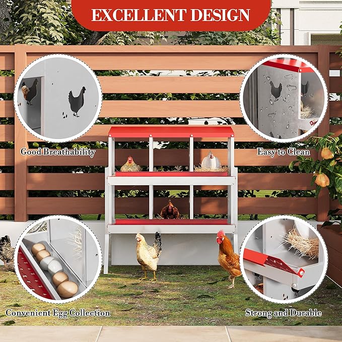 Heavy-Duty 6-Compartment Chicken Nesting Boxes with Roll Away Feature - Easy Clean Pull-Out Trays, Built-in Perch | Wall Mount/Free Standing Hen Laying Nests - Premium Poultry Egg Collection Solution