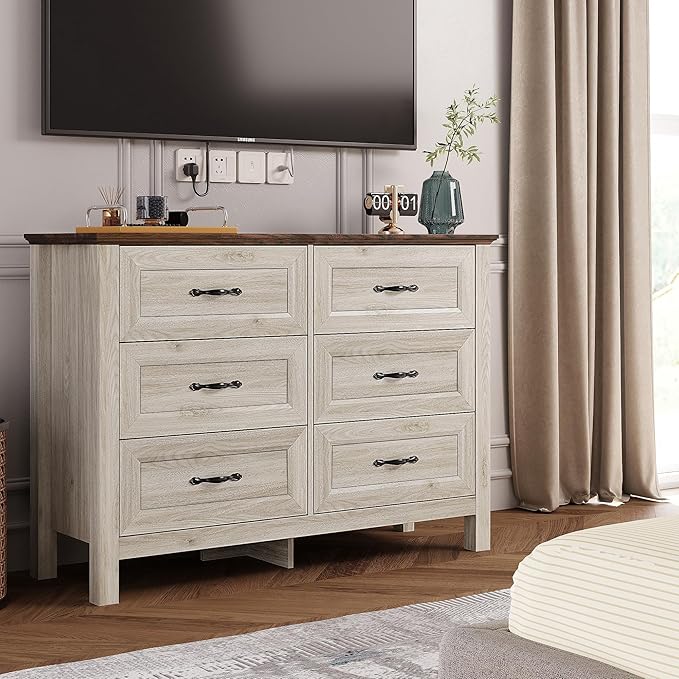 LINSY HOME Dresser for Bedroom with 6 Drawers, Wide Chest of Deep Drawers with Metal Handle, Wooden Bedroom Dresser with Storage Organizer for Closet, Living Room, Hallway, Beige