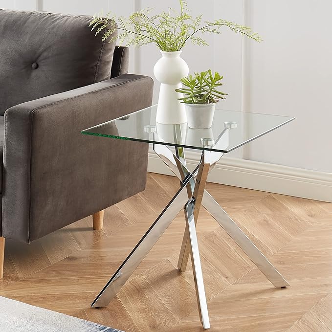 Modern Style Square Side Table with Tempered Glass Top and Metal Tubular Legs, Silver 20”Dx20”Wx22”H