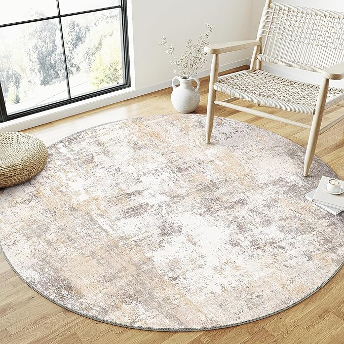 6x6 Washable Round Rug Beige Grey Neutral Abstract Living Room Bedroom Area Rug Non Slip Soft Low Pile Indoor Floor Carpet for Office Dining Room Kitchen Entryway
