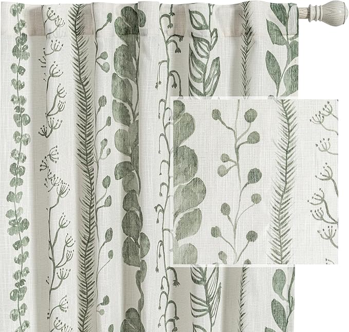 MEETSKY Sage Green Curtains 108 Inches Long 2 Panels Boho Curtains for Living Room Light Filtering Patterned Drapes for Bedroom Linen Style Back Tab Leaf Print Window Treatment, 50” Wide Each Panel