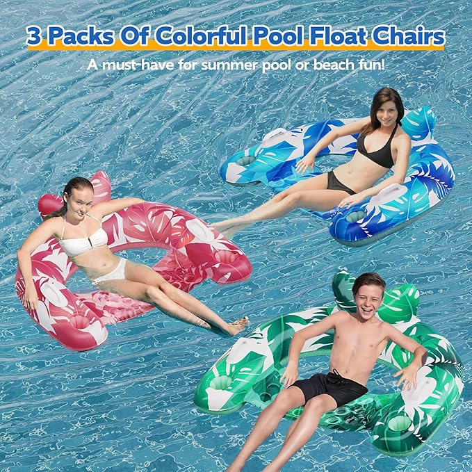 Pool Floats, 3 Pack Inflatable Pool Float Chairs with Cupholders & Handles, Pool Floats Adult & Kids Perfect for Pool Lake & Rivers, Pool Toys Party, Relaxing Inflatable Chair for Swimming Pool