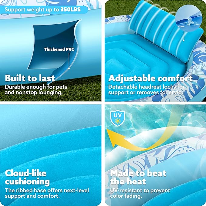 SLOOSH Inflatable Tanning Pool Lounger Float,72" x 65" Pool Floats Adult with Pillow,Luxury Fabric Large Suntan Tub Raft Floatie,Sunbathing Bed Lounge for Water Blow Up Kids Ball Pit Party Gifts,Blue