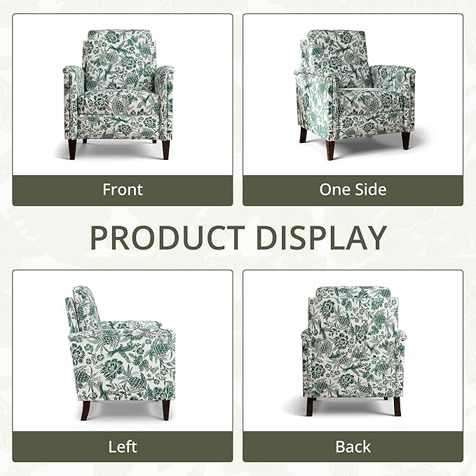 Floral Accent Chair, High Back Upholstered Armchair with Solid Wooden Legs, Padded Armrest and Removable Comfortable Cushioned Seat Single Sofa for Living Room, Bedroom, Green