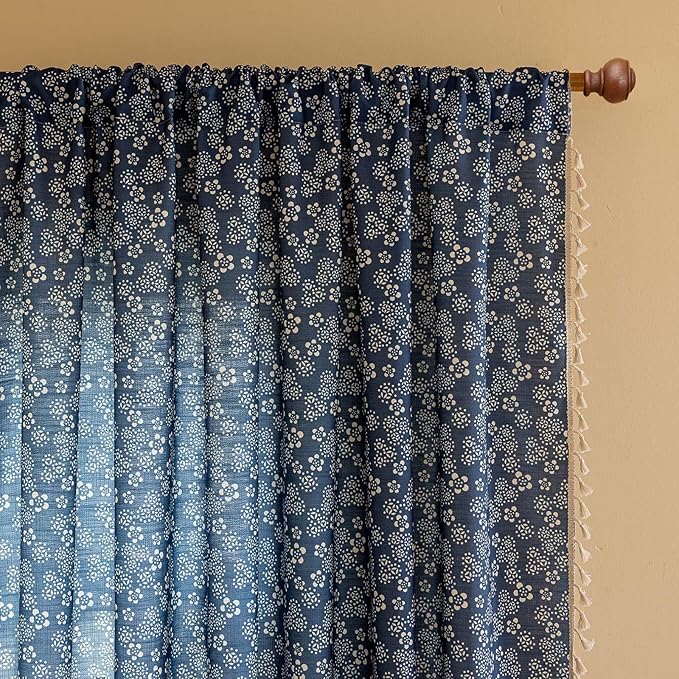 ENJOYBRIDAL White Floral Curtains 84 Inch Long Semi Sheer Navy Blue Drapes Decor Farmhouse Bedroom Tassel Window Curtains 2 Panel Sets Boho Rod Pocket Living Room Aesthetic Window Treatments