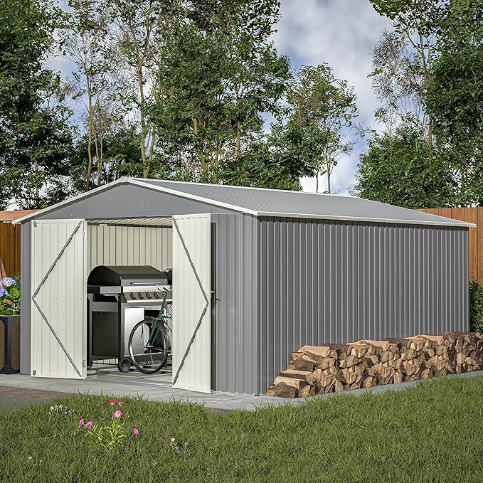 11x13ft Outdoor Metal Storage Shed,Steel Utility Tool Shed Storage House with Double Lockable Doors & Air Vent for Backyard Garden Patio Lawn Gray