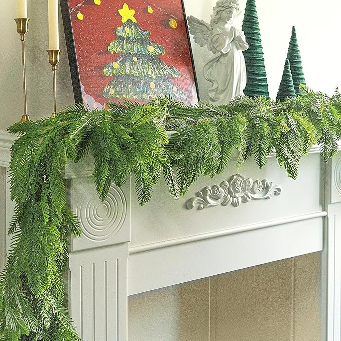 Watayo 2 Pcs Christmas Norfolk Pine Garland, 6 Ft 3 Fork Dense Real Touch Pine Garland Ornament, Realistic Artificial Pines Greenery Garlands for Christmas Holiday Mantle Fireplace Table Home Decor
