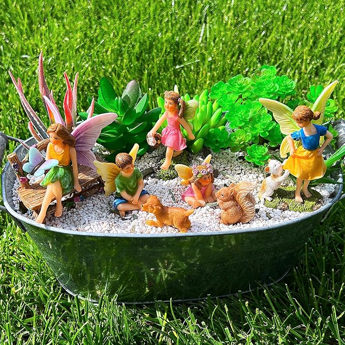 Mood Lab Fairy Garden - Miniature Fairies Figurines with Animals - Statues & Accessories Decor Set of 8 pcs