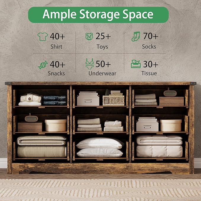 Dresser for Bedroom with 9 Drawers, 59" Wide Wood Chest of Drawers with Deep Drawers & Mental Handle, Modern Dresser TV Stand, Wooden Closet Storage Organizer for Living Room, Hallway, Entryway, Brown
