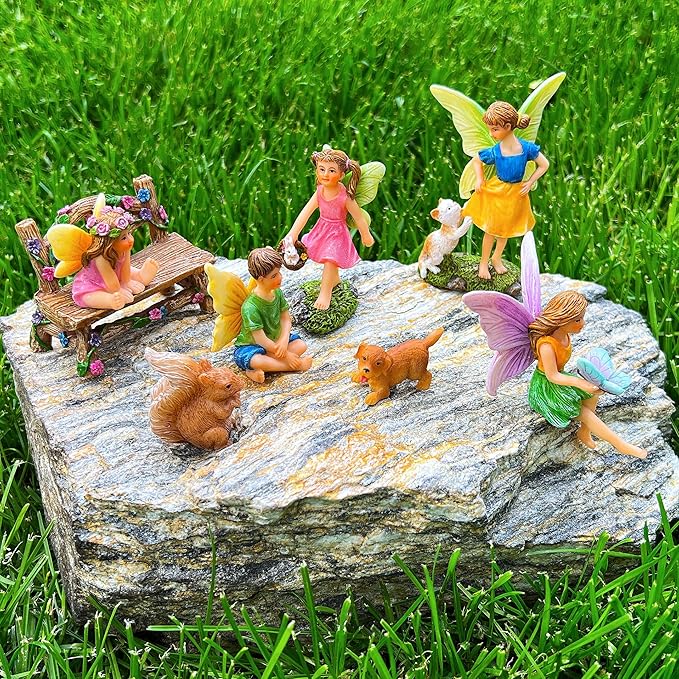 Mood Lab Fairy Garden - Miniature Fairies Figurines with Animals - Statues & Accessories Decor Set of 8 pcs