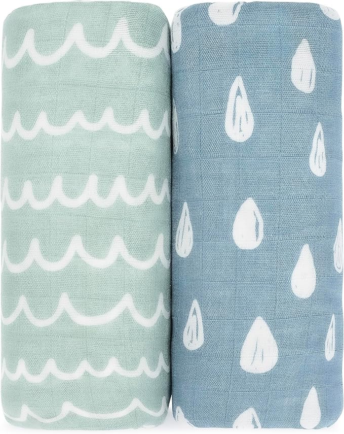 Comfy Cubs Muslin Swaddle Blankets Pack of 2 - 47 x 47 Inch Soft Cotton Baby Blanket Set, Large Multipurpose Wraps for Newborns - Self-Soothing Swaddles for Newborns - Rain & Doodle