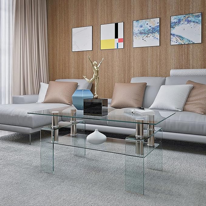 Glass Coffee Table for Living Room, Modern Rectangle All Tempered Glass Table 8mm Clear Transparent Top Home Furniture for Small Space Bearing 220LB