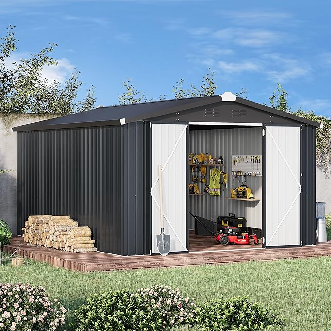 AECOJOY Shed 10' x 14' Storage Shed, Outdoor Storage Sheds & Outdoor Storage 10' x 14' with Lockable Doors, Large Steel Yard Shed, Utility and Tool Storage for Garden, Patio, Outside use in Dark Grey